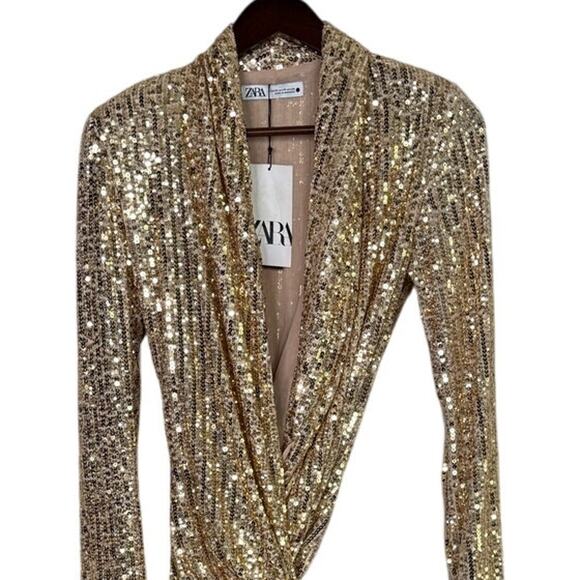 Zara Gold Sequin Wrap Tie Long Sleeve Tunic Mini Stretch Dress V Neck XS Gold - Picture 4 of 16